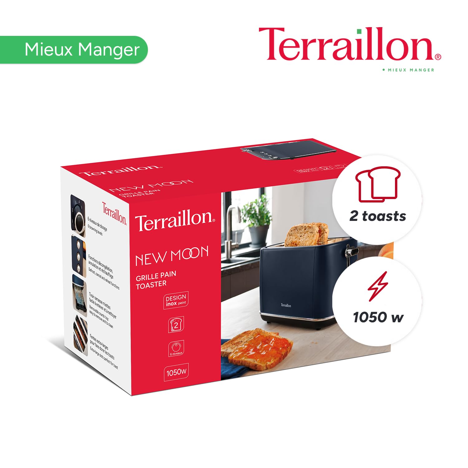 terraillon-grille-pain-new-moon-2-fentes-inox-1050w image 5