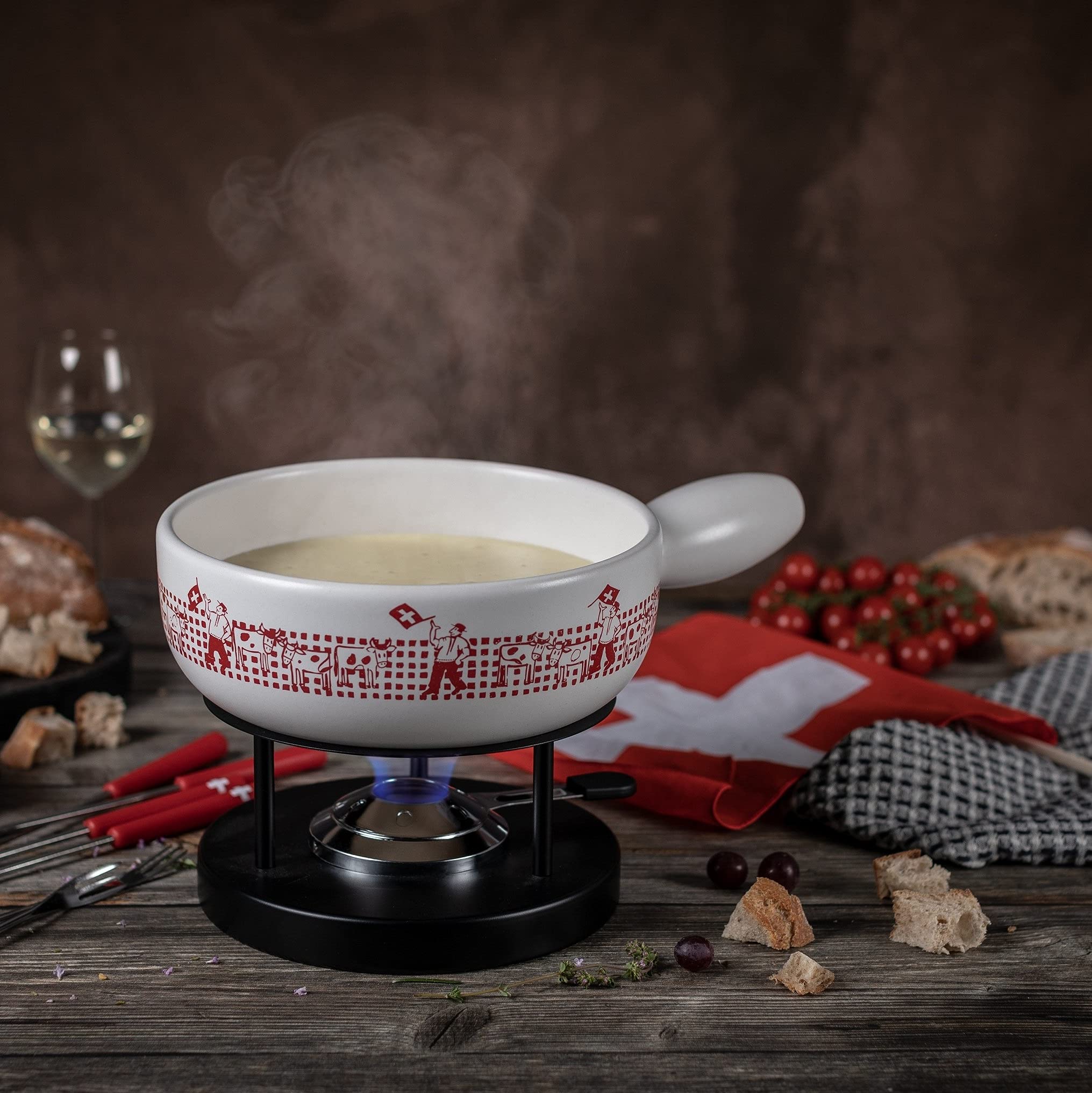 kuhn-rikon-caquelon-fondue-fromage-induction-23-cm-blanc-rouge-drapeaux image 3